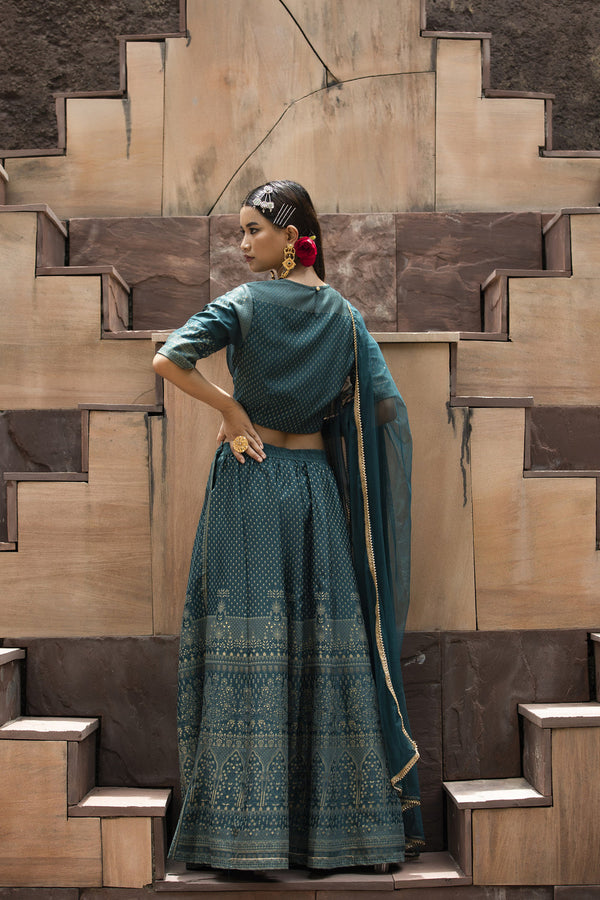 Juniper Teal Dull Satin Festive Embroidered Printed Crop Lehenga Choli Dupatta Set - Distacart