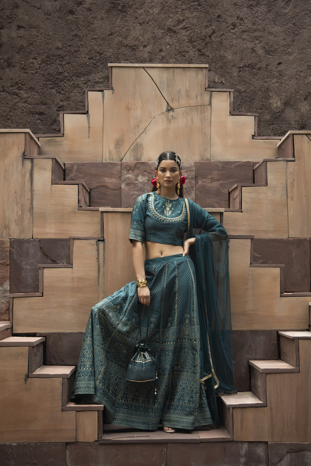 Juniper Teal Dull Satin Festive Embroidered Printed Crop Lehenga Choli Dupatta Set - Distacart