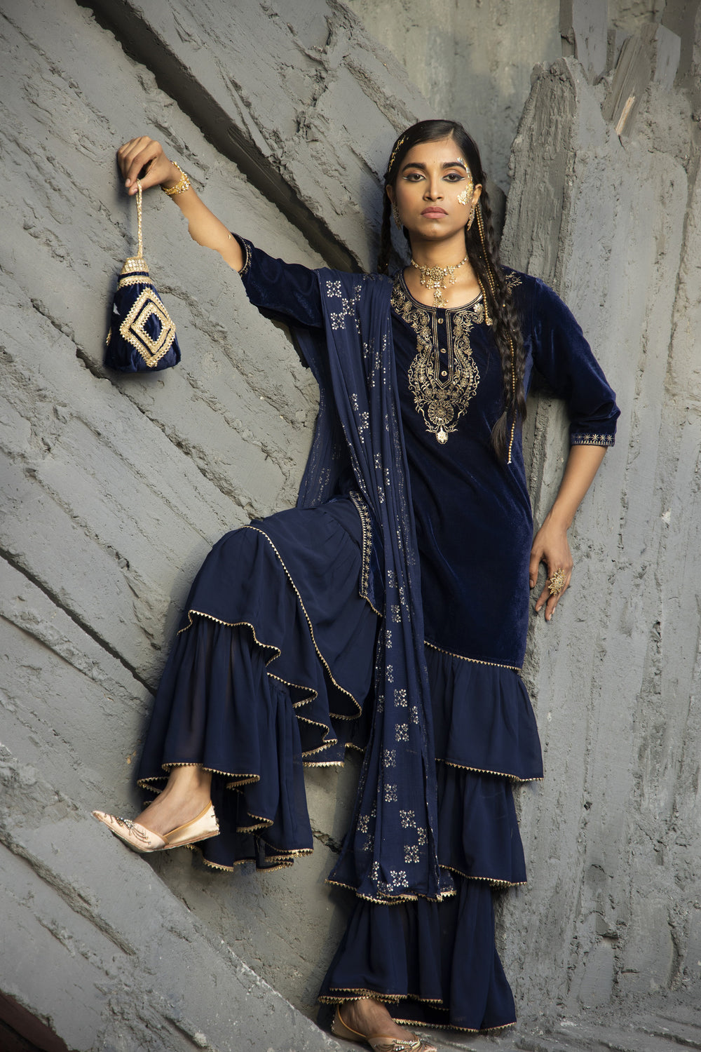 Juniper Blue Velvet Festive Solid Straight kurta Sharara Set For Women - Distacart