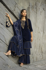 Thumbnail for Juniper Blue Velvet Festive Solid Straight kurta Sharara Set For Women - Distacart