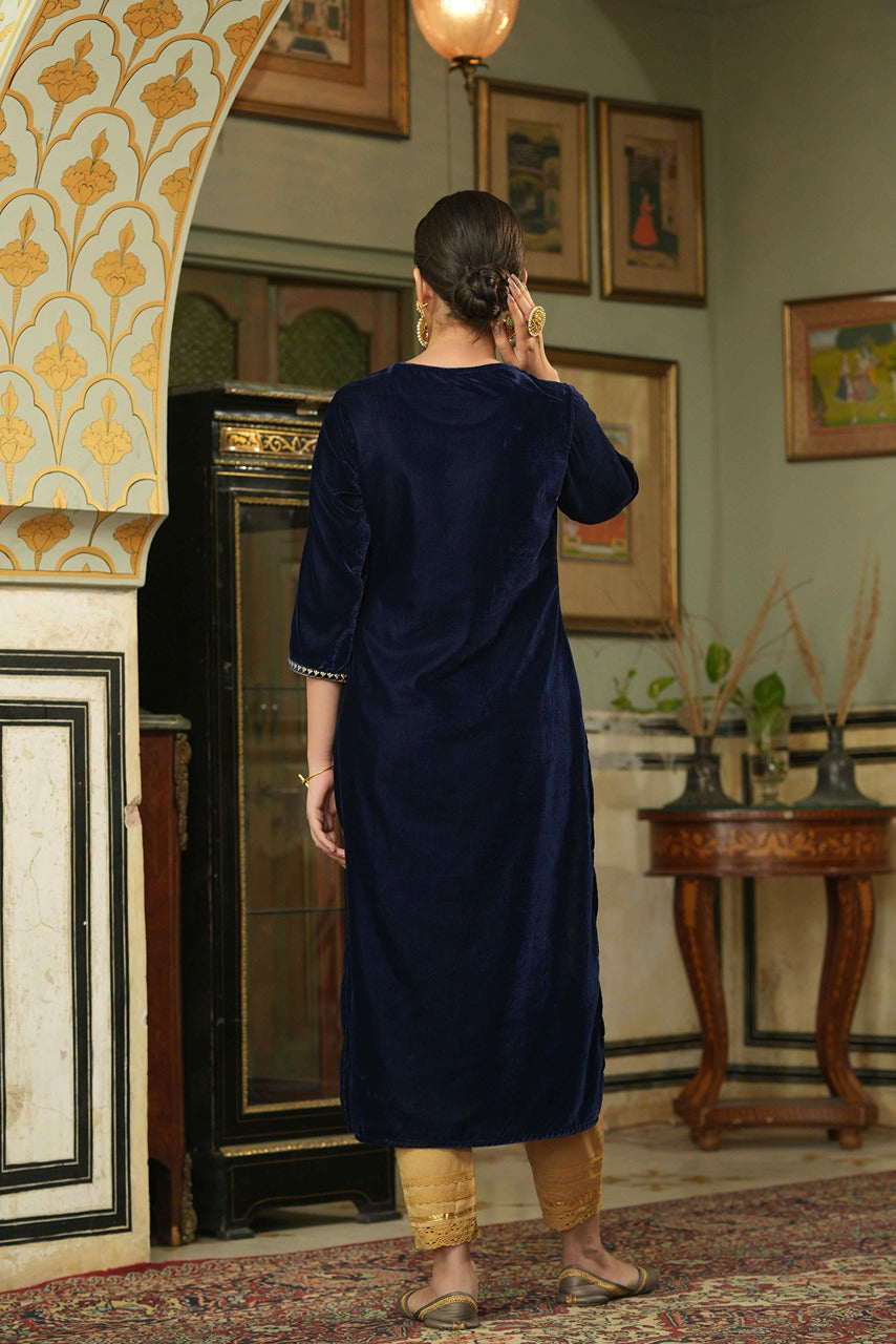 Juniper Navy Velvet Festive Solid Embroidered Straight Kurta For Women - Distacart