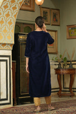 Thumbnail for Juniper Navy Velvet Festive Solid Embroidered Straight Kurta For Women - Distacart