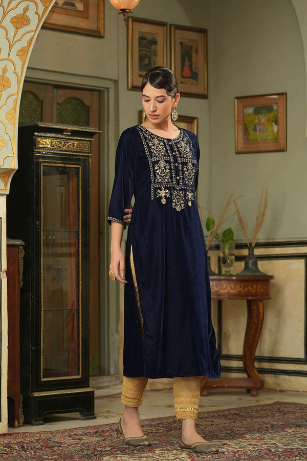 Juniper Navy Velvet Festive Solid Embroidered Straight Kurta For Women - Distacart