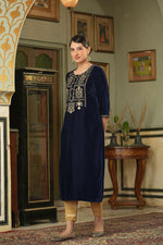 Thumbnail for Juniper Navy Velvet Festive Solid Embroidered Straight Kurta For Women - Distacart