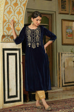 Thumbnail for Juniper Navy Velvet Festive Solid Embroidered Straight Kurta For Women - Distacart