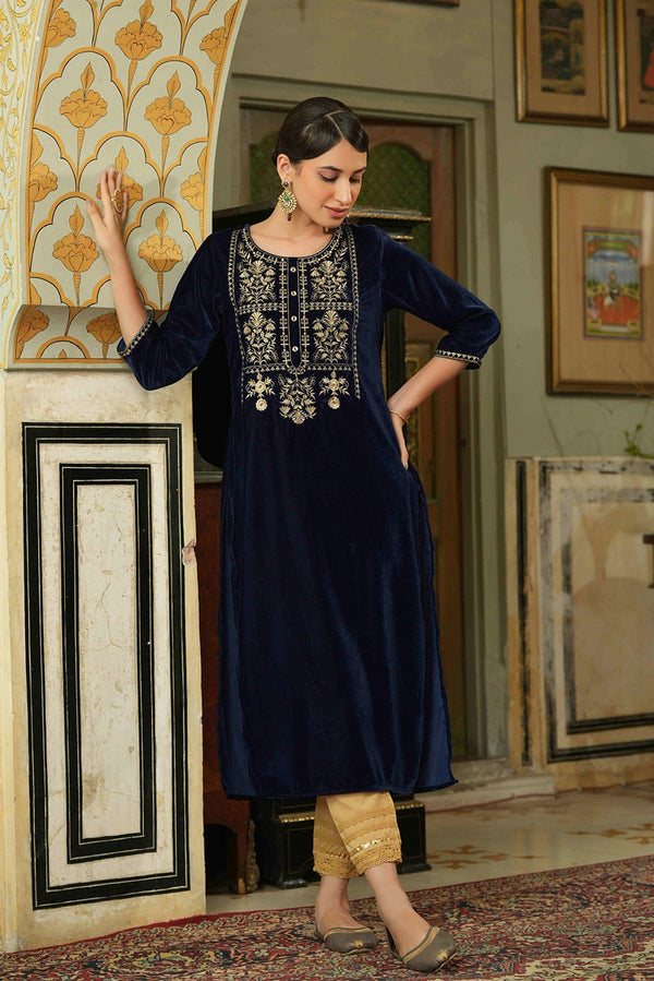 Juniper Navy Velvet Festive Solid Embroidered Straight Kurta For Women - Distacart
