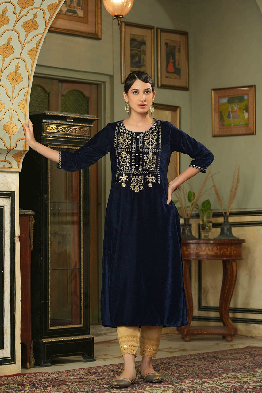Juniper Navy Velvet Festive Solid Embroidered Straight Kurta For Women - Distacart