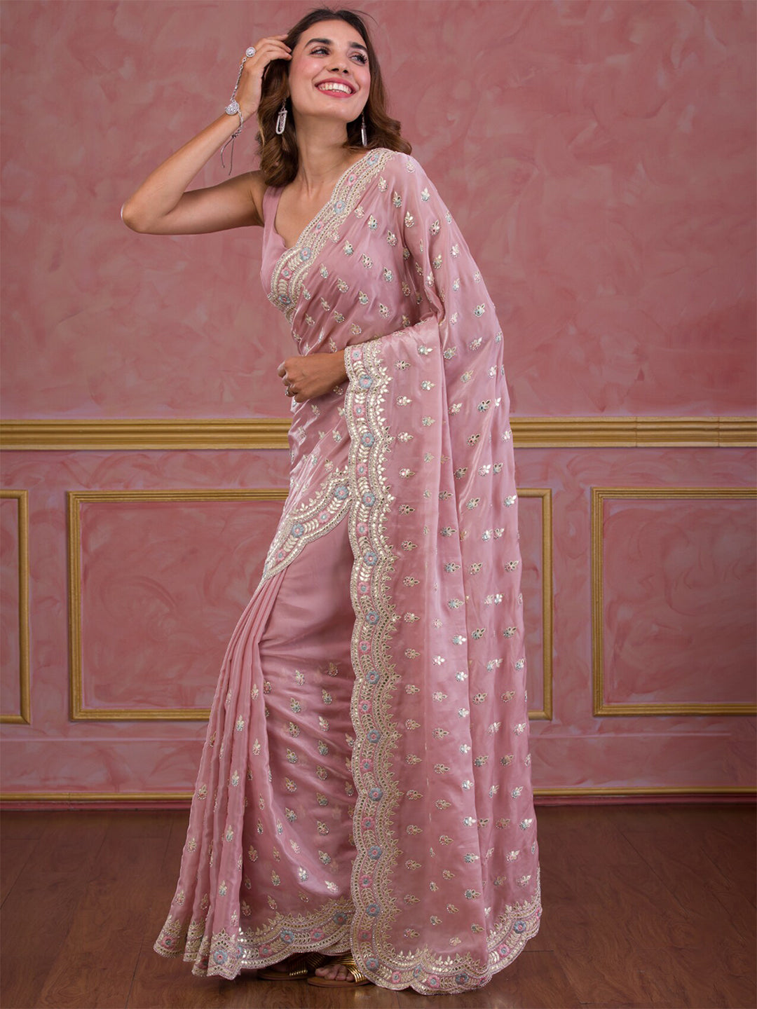 Koskii Ethnic Motifs Embroidered Organza Saree - Distacart
