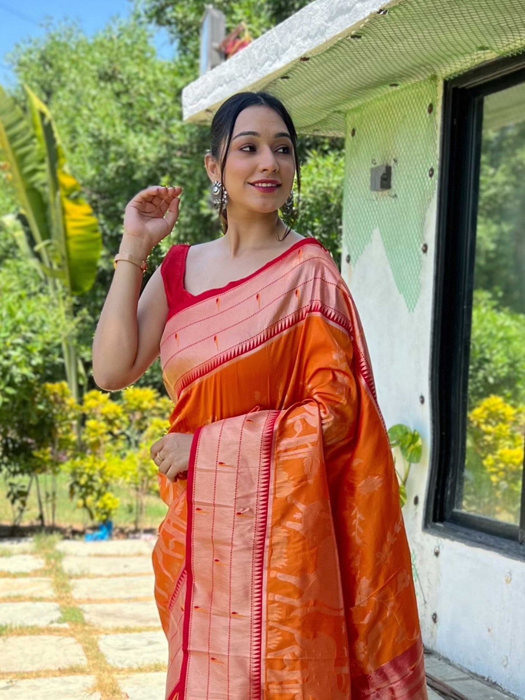 Mitera Orange Ethnic Motif Woven Design Zari Paithani Saree - Distacart