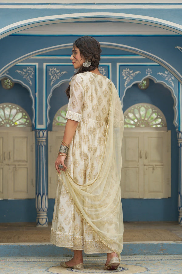 Juniper Beige Chanderi Festive Solid Embroidered Flared Maxi Dupatta For Women - Distacart