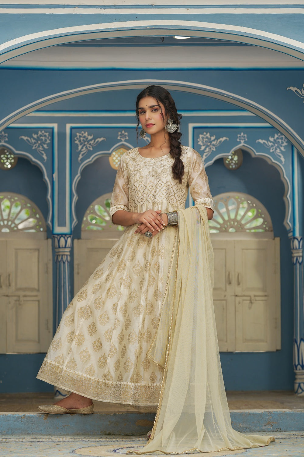 Juniper Beige Chanderi Festive Solid Embroidered Flared Maxi Dupatta For Women - Distacart