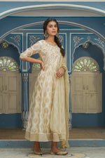 Thumbnail for Juniper Beige Chanderi Festive Solid Embroidered Flared Maxi Dupatta For Women - Distacart
