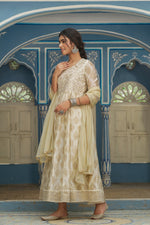 Thumbnail for Juniper Beige Chanderi Festive Solid Embroidered Flared Maxi Dupatta For Women - Distacart
