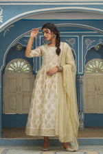 Thumbnail for Juniper Beige Chanderi Festive Solid Embroidered Flared Maxi Dupatta For Women - Distacart