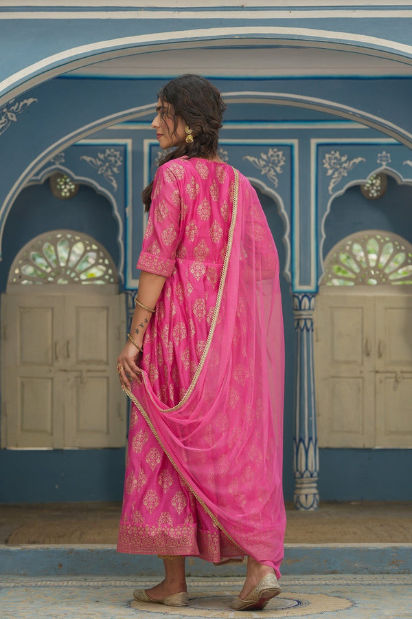 Juniper Pink Chanderi Festive Solid Embroidered Flared Maxi Dupatta For Women - Distacart