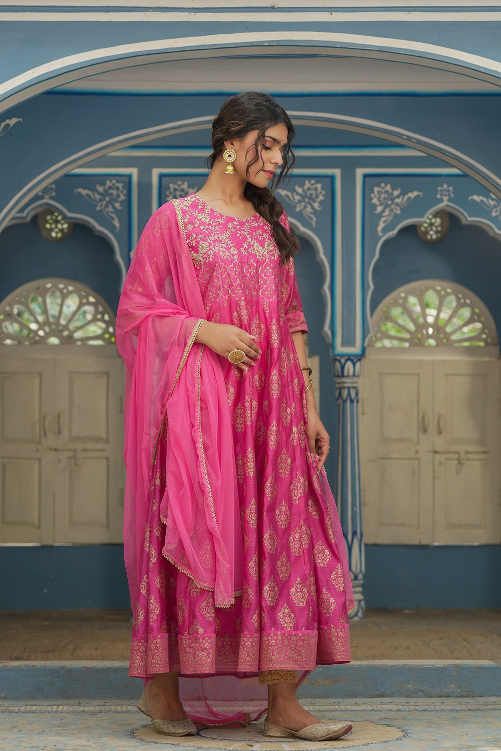 Juniper Pink Chanderi Festive Solid Embroidered Flared Maxi Dupatta For Women - Distacart