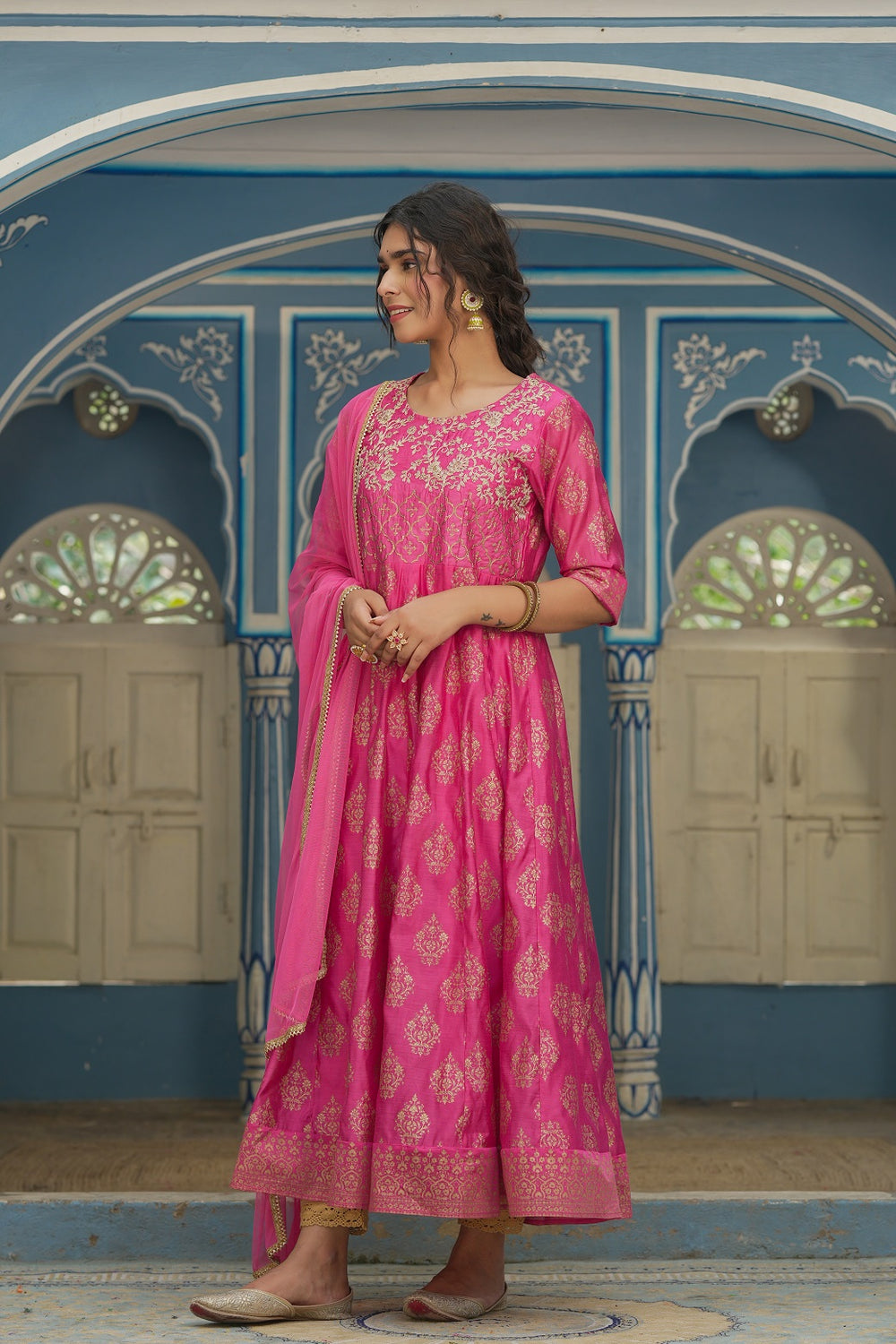 Juniper Pink Chanderi Festive Solid Embroidered Flared Maxi Dupatta For Women - Distacart