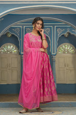 Thumbnail for Juniper Pink Chanderi Festive Solid Embroidered Flared Maxi Dupatta For Women - Distacart