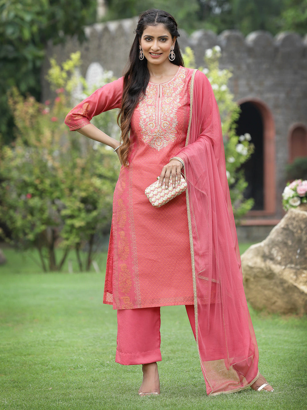 Juniper Pink Chanderi Festive Embroidered Placement Printed Straight Kurta Set - Distacart