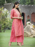 Thumbnail for Juniper Pink Chanderi Festive Embroidered Placement Printed Straight Kurta Set - Distacart