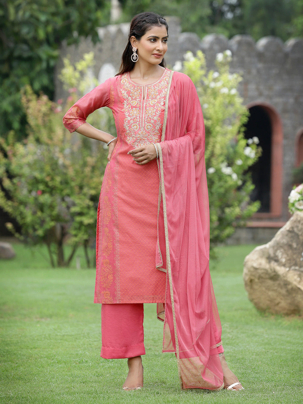 Juniper Pink Chanderi Festive Embroidered Placement Printed Straight Kurta Set - Distacart