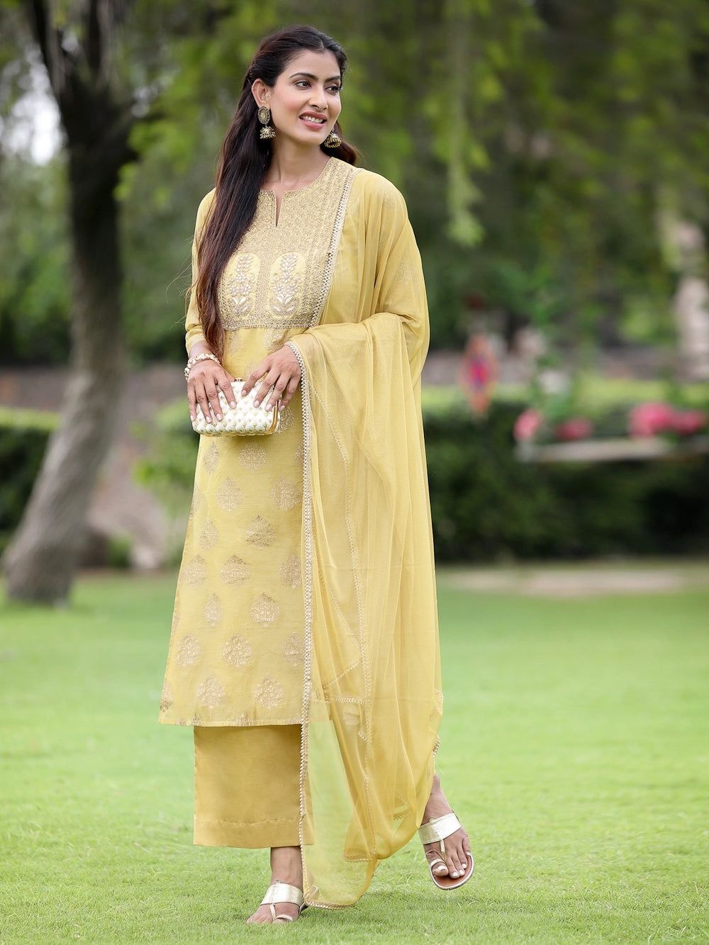 Juniper Mustard Chanderi Festive Embroidered Placement Printed A-line Kurta Set - Distacart