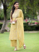 Thumbnail for Juniper Mustard Chanderi Festive Embroidered Placement Printed A-line Kurta Set - Distacart