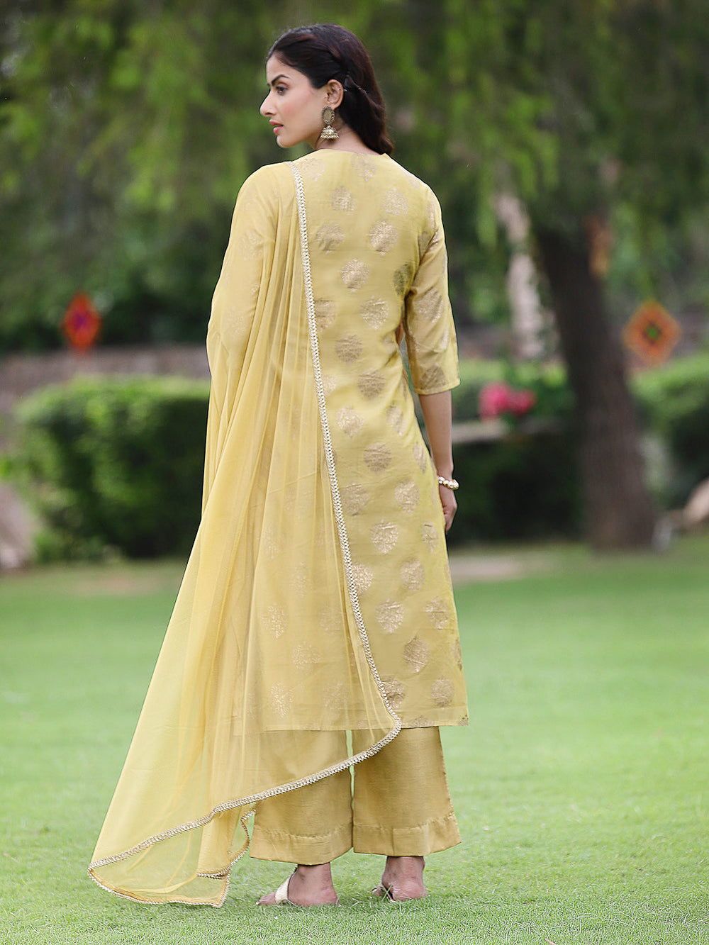 Juniper Mustard Chanderi Festive Embroidered Placement Printed A-line Kurta Set - Distacart
