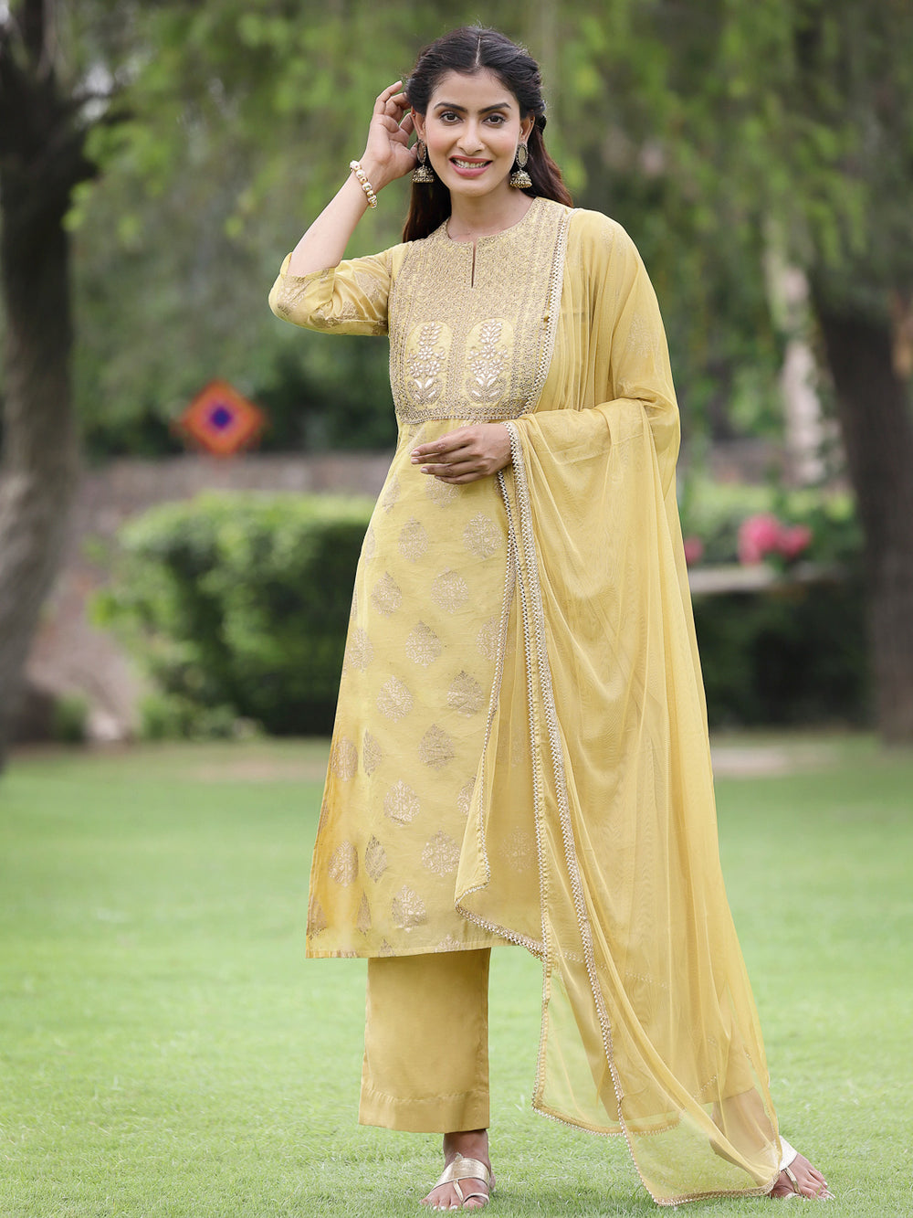 Juniper Mustard Chanderi Festive Embroidered Placement Printed A-line Kurta Set - Distacart