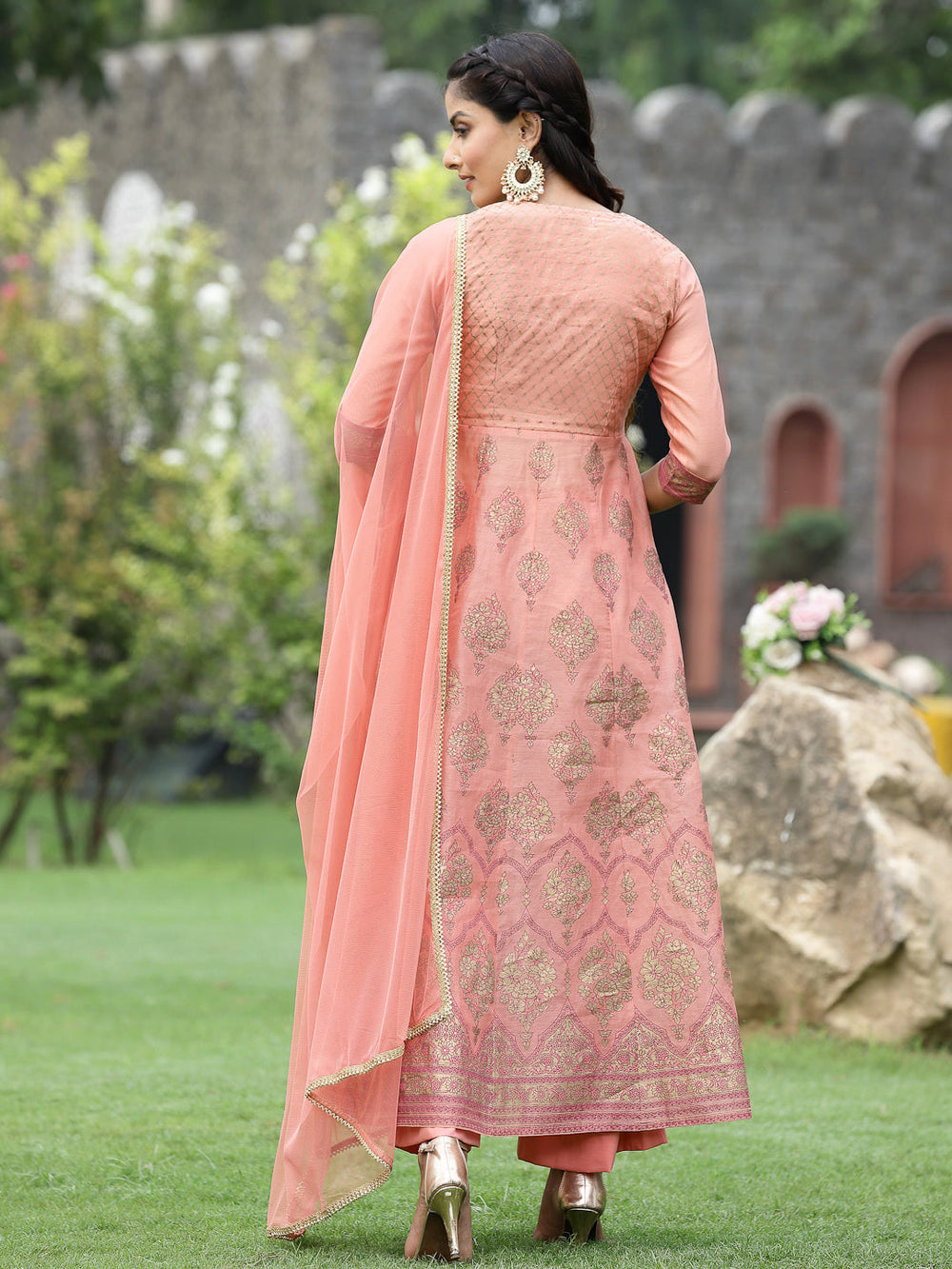Juniper Peach Chanderi Festive Embroidered Floral Print Flared Kurta Set - Distacart