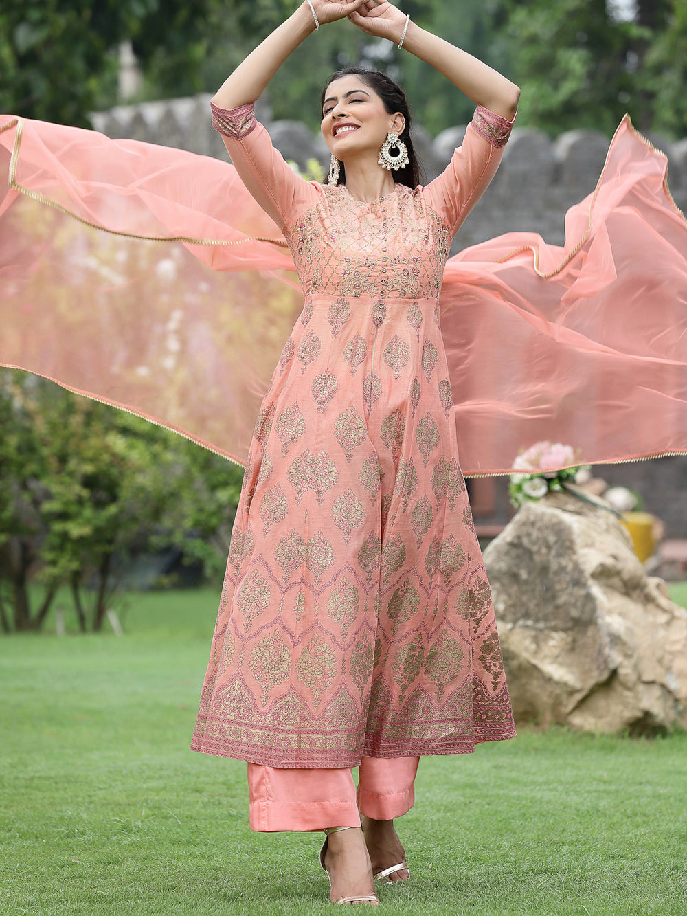 Juniper Peach Chanderi Festive Embroidered Floral Print Flared Kurta Set - Distacart