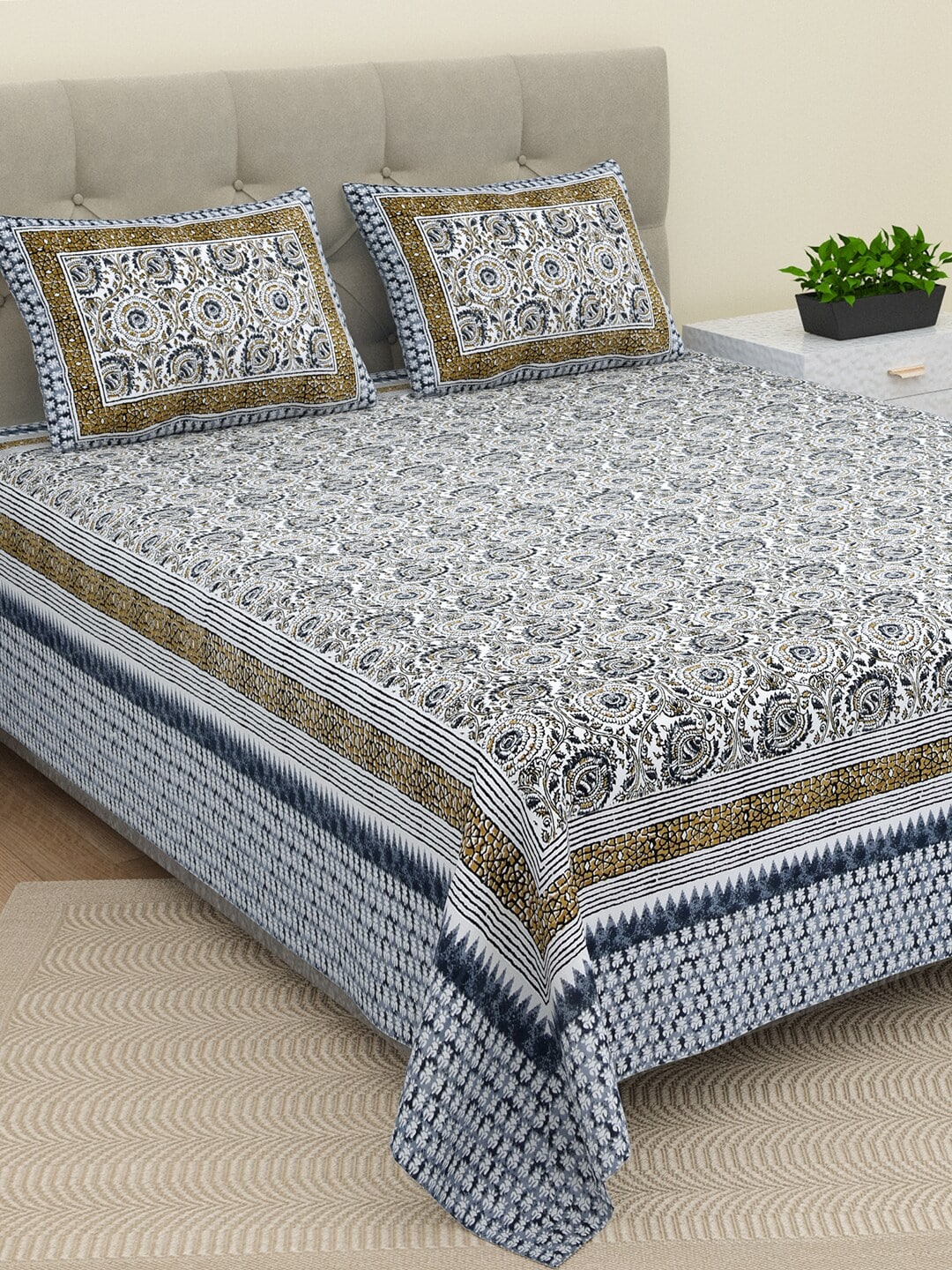 BELLA CASA Ethic White & Blue Printed Cotton 180 TC King Bedsheet with 2 Pillow Covers - Distacart