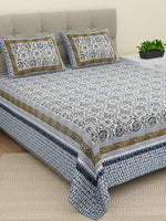 Thumbnail for BELLA CASA Ethic White & Blue Printed Cotton 180 TC King Bedsheet with 2 Pillow Covers - Distacart
