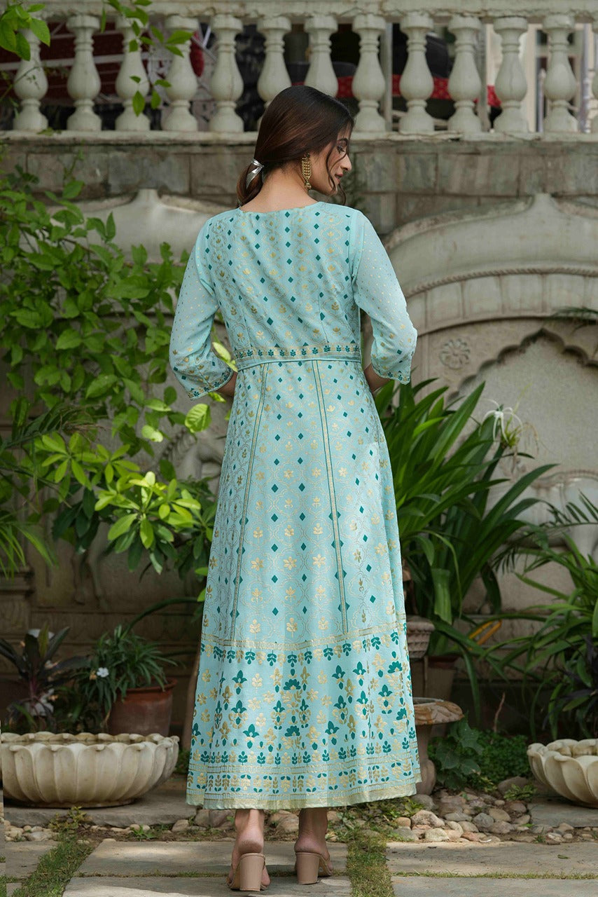 Juniper Sky Blue Georgette Festive Printed Flared Maxi For Women - Distacart