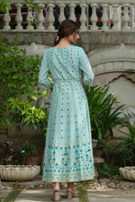 Thumbnail for Juniper Sky Blue Georgette Festive Printed Flared Maxi For Women - Distacart