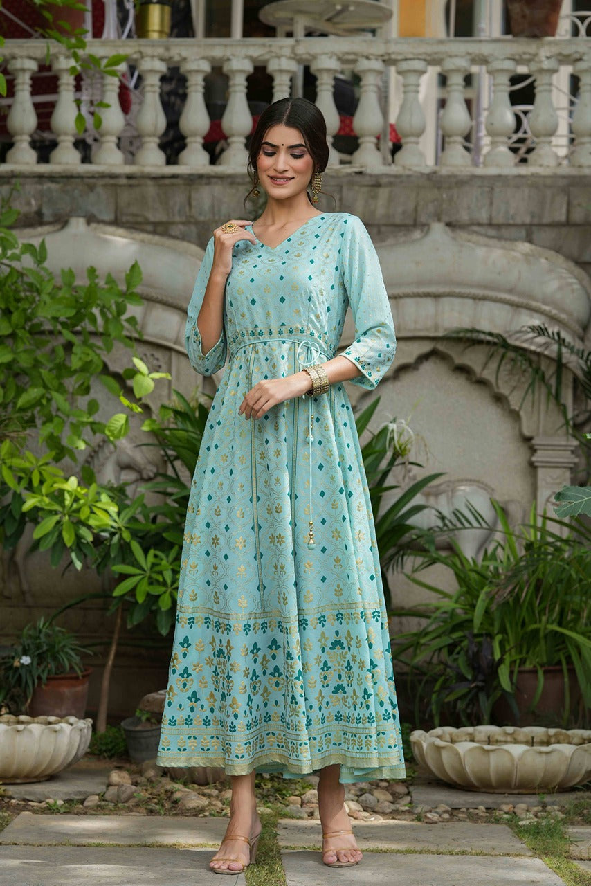 Juniper Sky Blue Georgette Festive Printed Flared Maxi For Women - Distacart