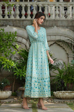 Thumbnail for Juniper Sky Blue Georgette Festive Printed Flared Maxi For Women - Distacart