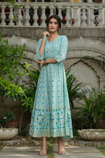 Thumbnail for Juniper Sky Blue Georgette Festive Printed Flared Maxi For Women - Distacart