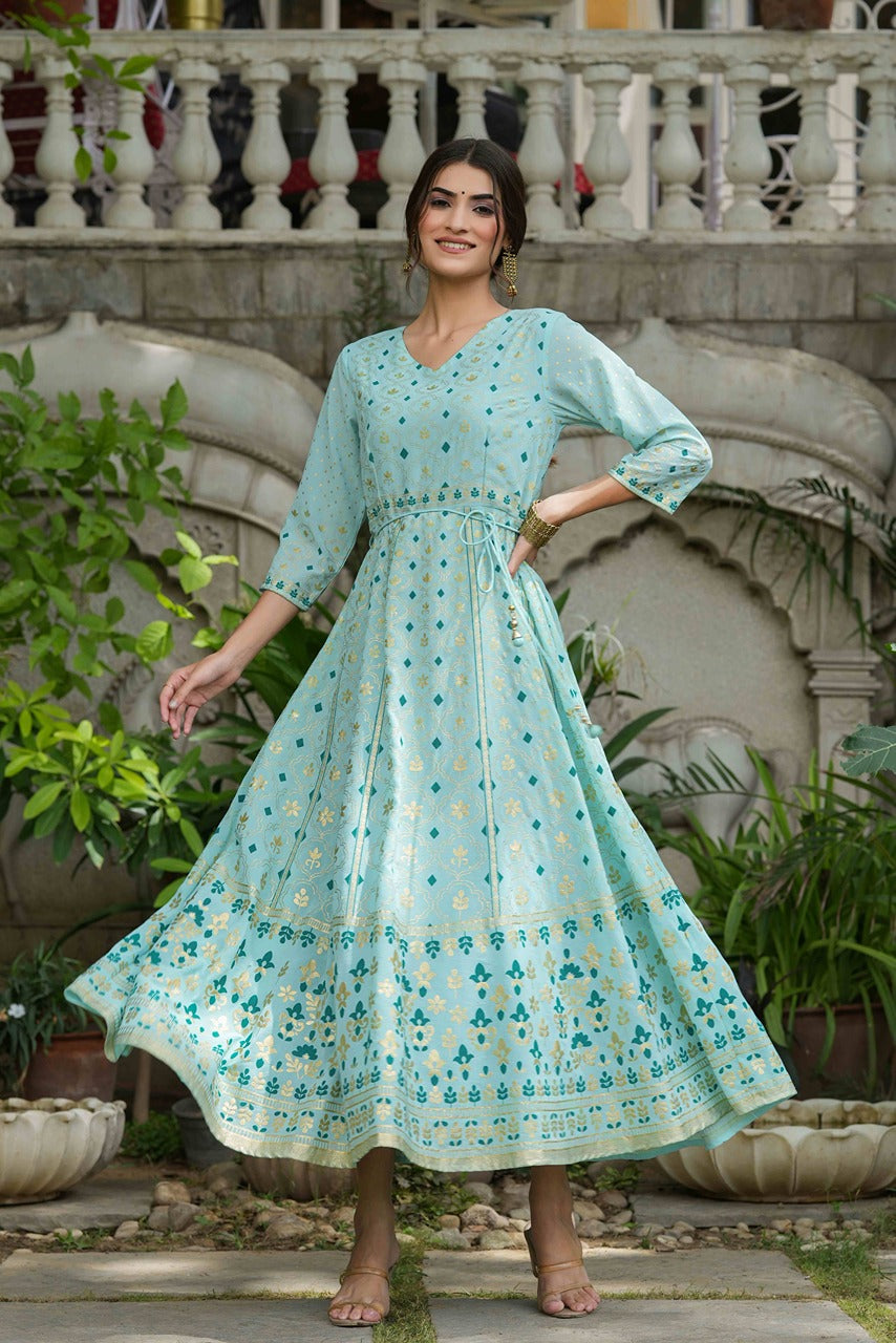 Juniper Sky Blue Georgette Festive Printed Flared Maxi For Women - Distacart
