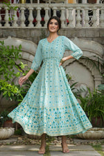 Thumbnail for Juniper Sky Blue Georgette Festive Printed Flared Maxi For Women - Distacart