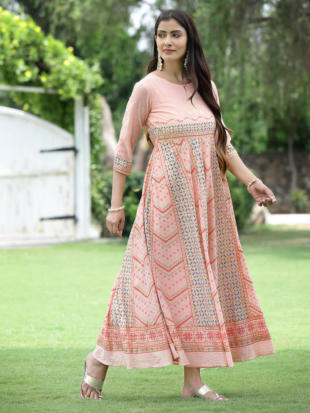 Juniper Peach Georgette Festive Printed Flared Maxi For Women - Distacart