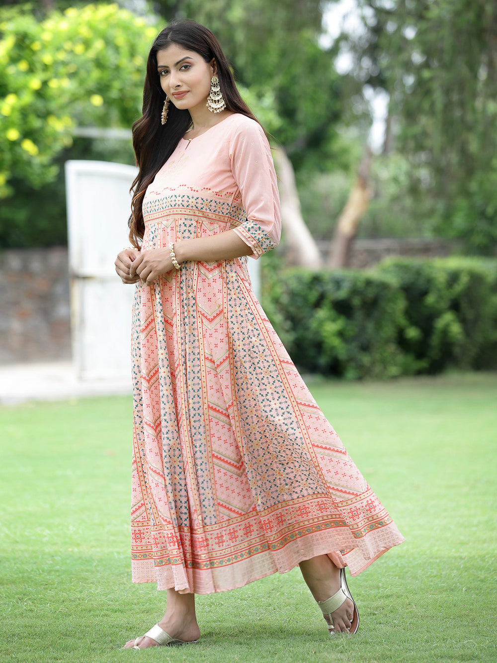 Juniper Peach Georgette Festive Printed Flared Maxi For Women - Distacart