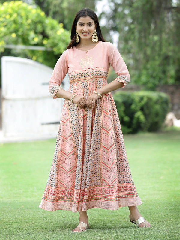 Juniper Peach Georgette Festive Printed Flared Maxi For Women - Distacart