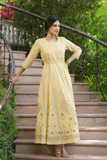 Thumbnail for Juniper Light Yellow Georgette Festive Printed Flared Maxi For Women - Distacart