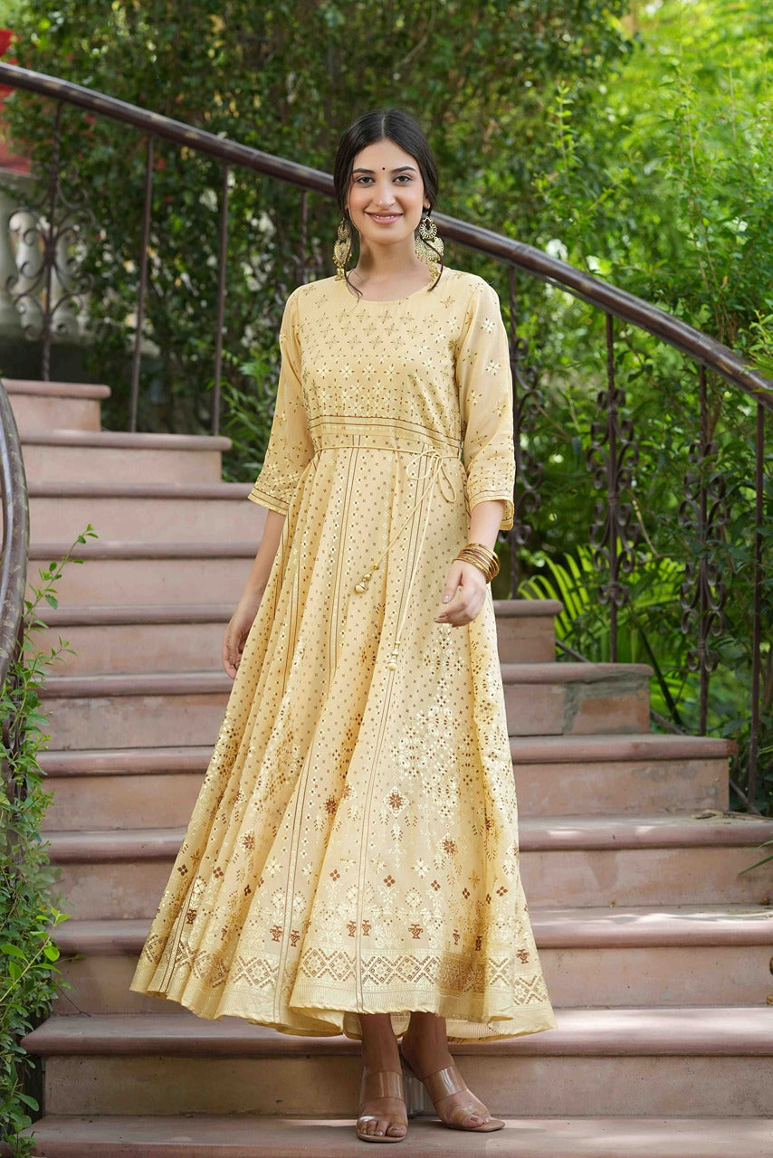 Juniper Light Yellow Georgette Festive Printed Flared Maxi For Women - Distacart