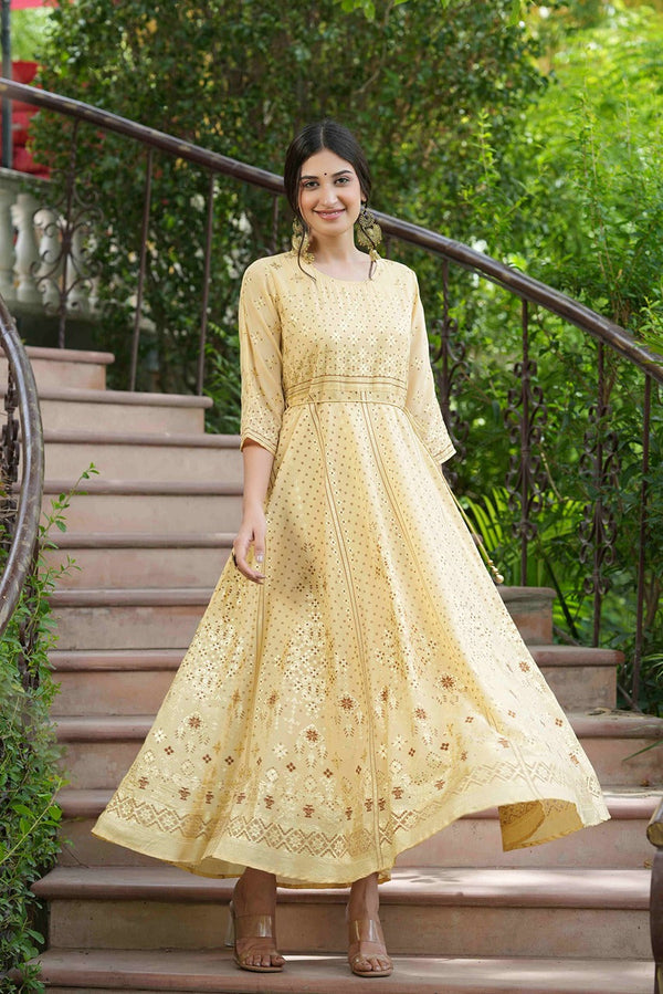 Juniper Light Yellow Georgette Festive Printed Flared Maxi For Women - Distacart