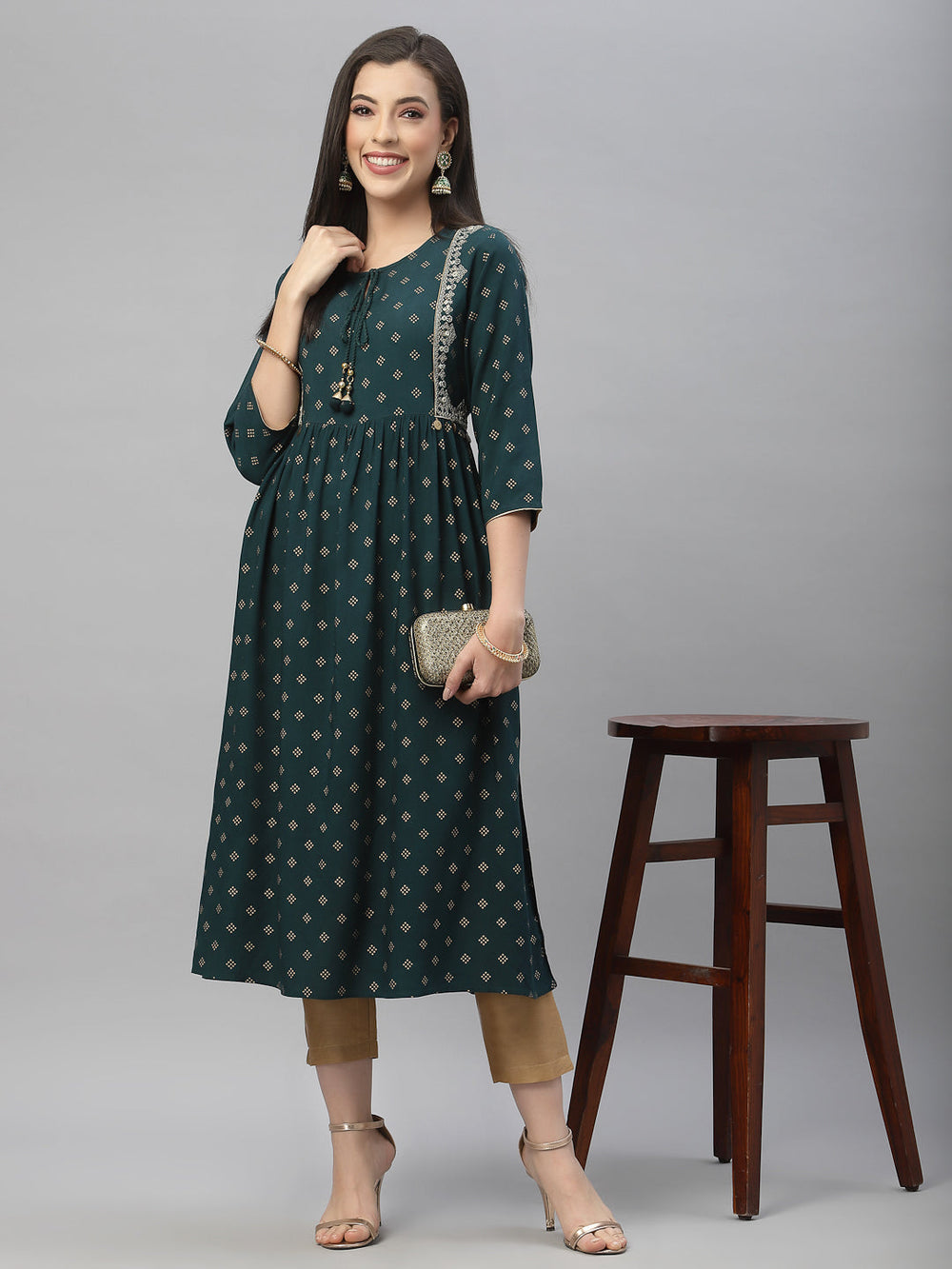 Juniper Green Rayon Festive Wear Embroidered Flared Kurta - Distacart