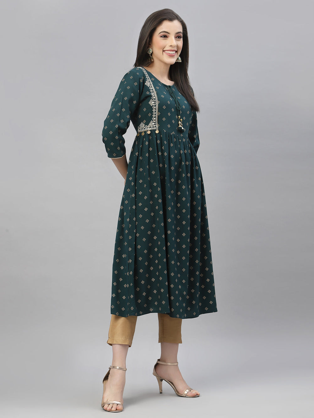 Juniper Green Rayon Festive Wear Embroidered Flared Kurta - Distacart