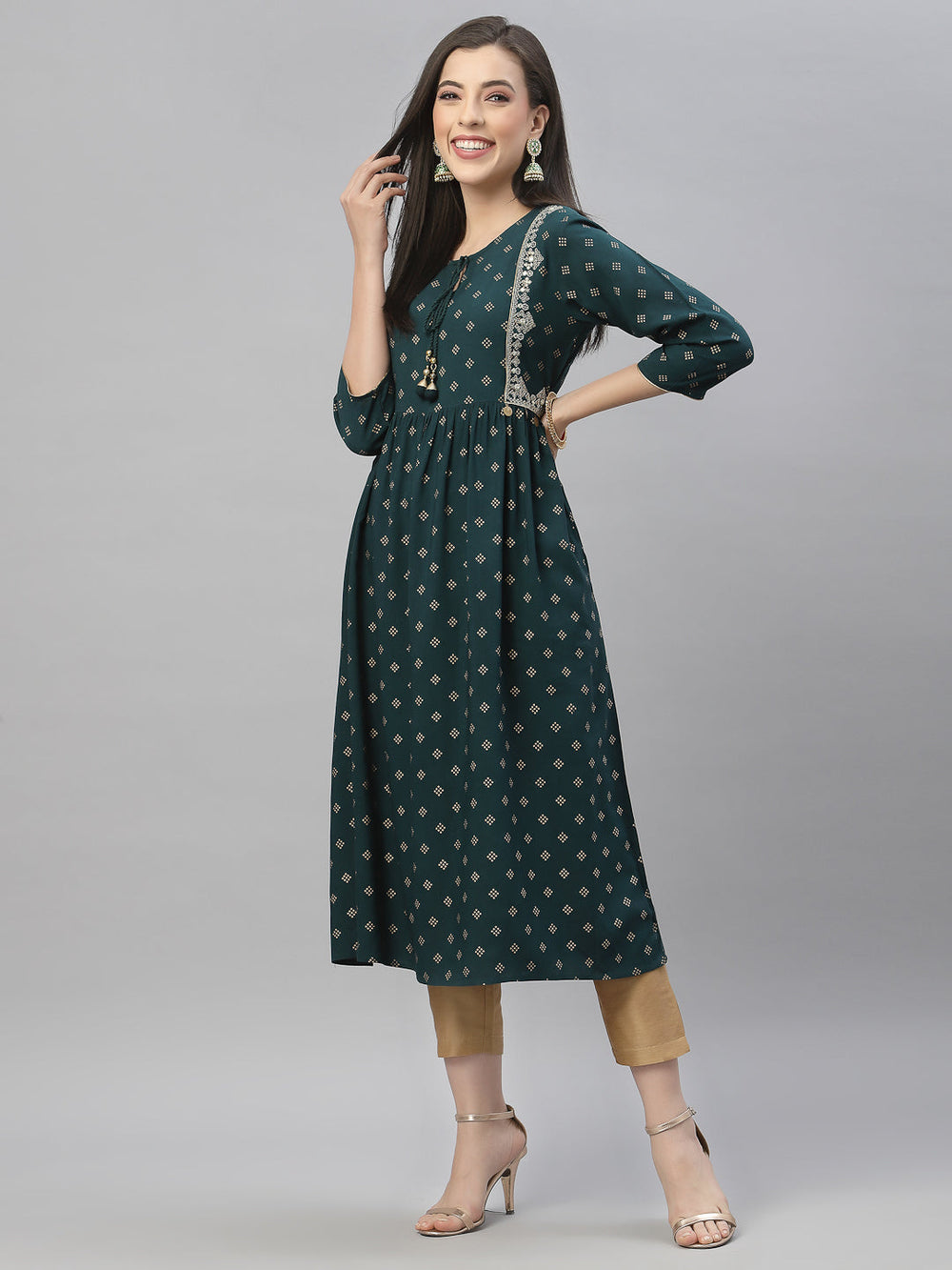 Juniper Green Rayon Festive Wear Embroidered Flared Kurta - Distacart