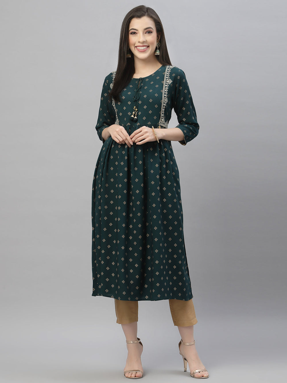 Juniper Green Rayon Festive Wear Embroidered Flared Kurta - Distacart